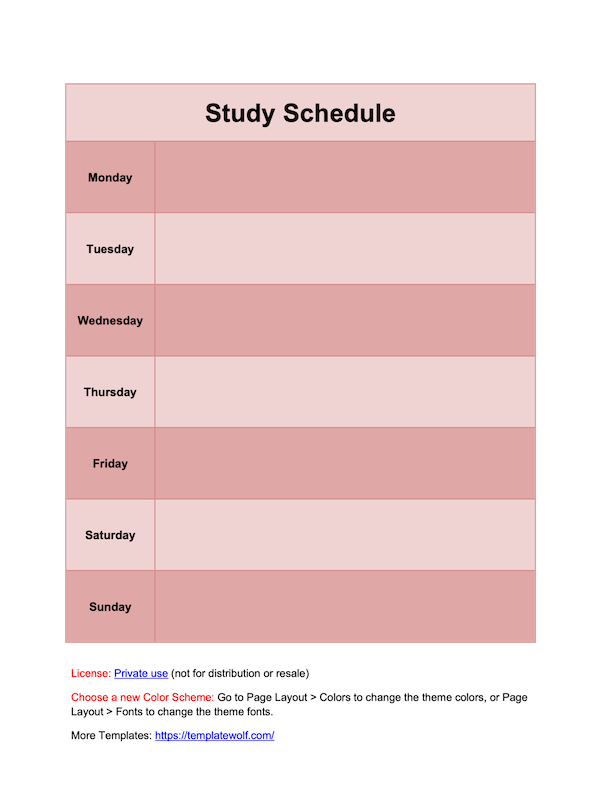 Free Printable Vertical Style Weekly Study Schedule Template(Word)